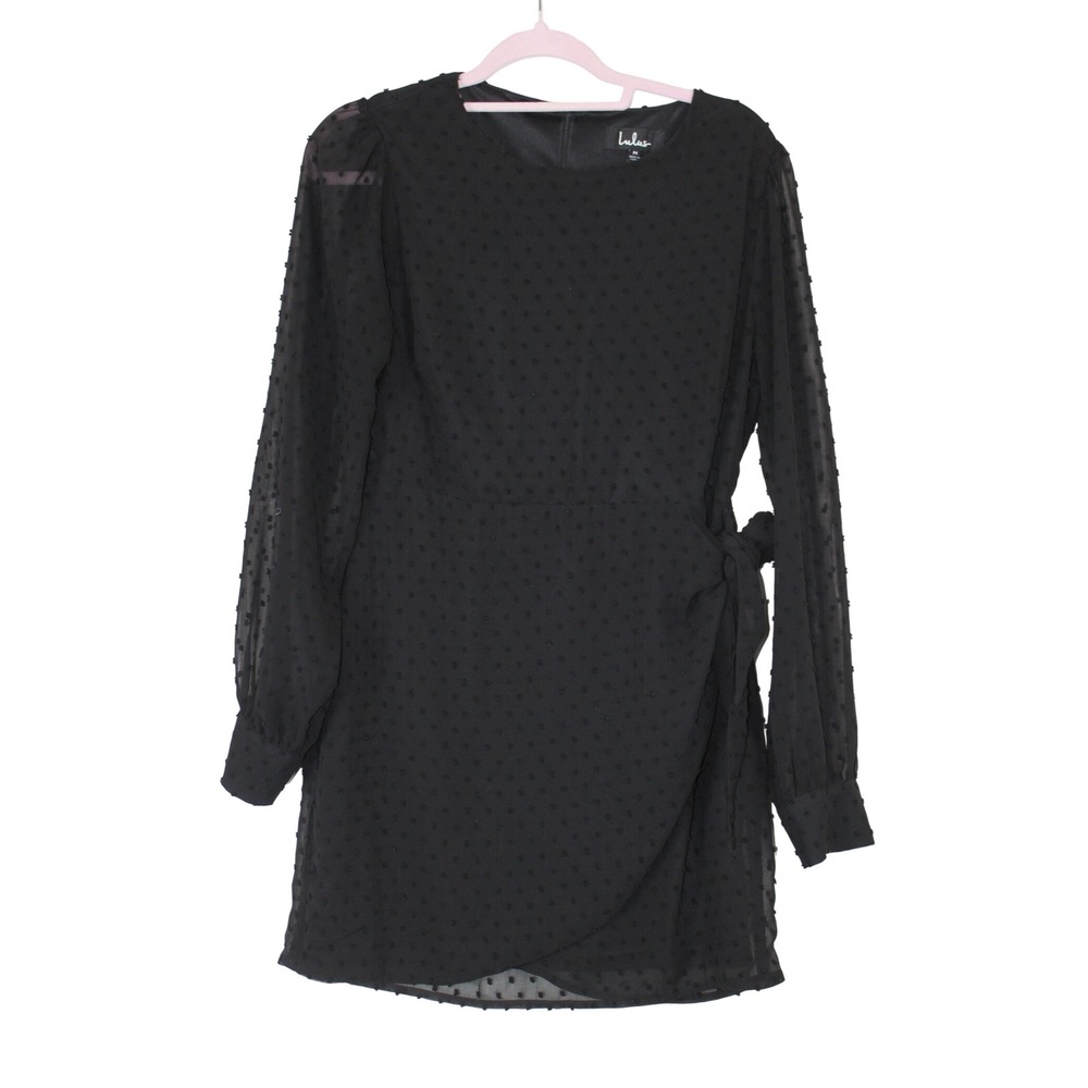 Lulus Much Love Romantic Chic Black Swiss Dot Long Sleeve Tie Front Mini Dress M